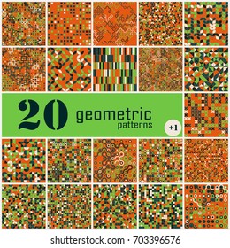 Set of twenty seamless geometric pattern with colored elements, vector abstract background, colorful geometric background