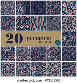 Set of twenty seamless geometric pattern with colored elements, vector abstract background, colorful geometric background