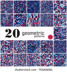 Set of twenty seamless geometric pattern with colored elements, vector abstract background, colorful geometric background