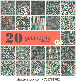 Set of twenty seamless geometric pattern with colored elements, vector abstract background, colorful geometric background