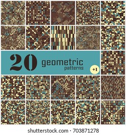 Set of twenty seamless geometric pattern with colored elements, vector abstract background, colorful geometric background