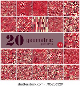 Set of twenty seamless geometric pattern with colored elements, vector abstract background, colorful geometric background