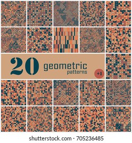 Set of twenty seamless geometric pattern with colored elements, vector abstract background, colorful geometric background