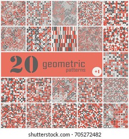 Set of twenty seamless geometric pattern with colored elements, vector abstract background, colorful geometric background