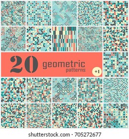 Set of twenty seamless geometric pattern with colored elements, vector abstract background, colorful geometric background