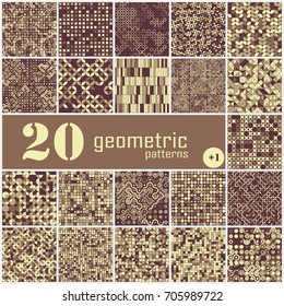 Set of twenty seamless geometric pattern with colored elements, vector abstract background, colorful geometric background