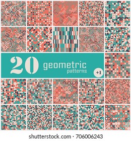 Set of twenty seamless geometric pattern with colored elements, vector abstract background, colorful geometric background
