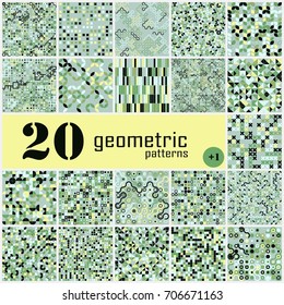 Set of twenty seamless geometric pattern with colored elements, vector abstract background, colorful geometric background