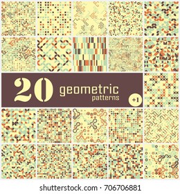 Set of twenty seamless geometric pattern with colored elements, vector abstract background, colorful geometric background