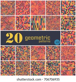 Set of twenty seamless geometric pattern with colored elements, vector abstract background, colorful geometric background