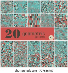Set of twenty seamless geometric pattern with colored elements, vector abstract background, colorful geometric background