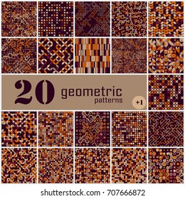 Set of twenty seamless geometric pattern with colored elements, vector abstract background, colorful geometric background