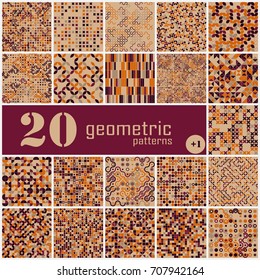 Set of twenty seamless geometric pattern with colored elements, vector abstract background, colorful geometric background