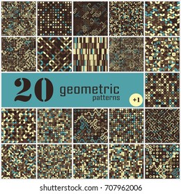 Set of twenty seamless geometric pattern with colored elements, vector abstract background, colorful geometric background