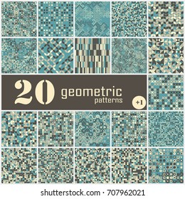 Set of twenty seamless geometric pattern with colored elements, vector abstract background, colorful geometric background