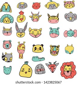 Set of twenty seven animals. Wild, domestic, tropical and mammal animals. Children's illustration. Collection in limited color. Raccoon, cat, dog, zebra, fox, rooster, chicken, cheetah, lion, tiger. 