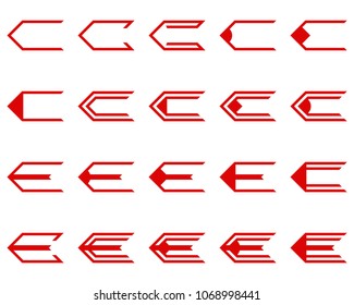 A set of twenty simple geometric arrows in red color for web design