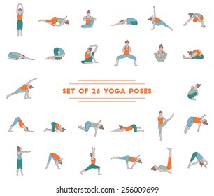 Set of twenty six yoga poses. Collection of asanas. 
