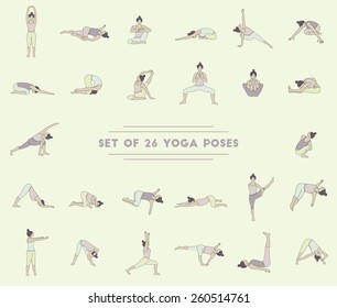 Set of twenty six yoga poses. Collection of asanas. Pastel colors.