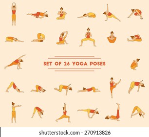 Set of twenty six yoga poses. Collection of asanas. Warm colors.