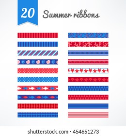 Set of twenty summer seamless ribbons in Red, Blue and White. Perfect for creating collages, decorating wishes, albums, greeting cards, glass, candles, home accessories and more
