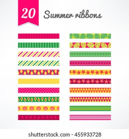 Set of twenty summer seamless ribbons in Pink, Green, Yellow, Orange and White. Perfect for creating collages, decorating wishes, albums, greeting cards, glass, candles, home accessories and more