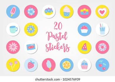 Set of twenty summer stickers with ice cream, succulent, donut, cupcake, camera, heart, cup, drink, flower, cartridge, watermelon, lollipop, lemon, strawberry and cherry in pastel colors