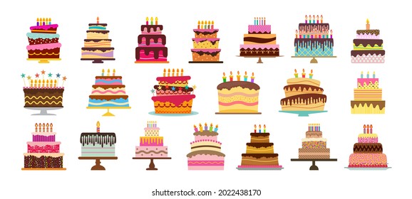 Set of twenty sweet birthday cakes with burning candles. Colorful holiday dessert. Vector illustration