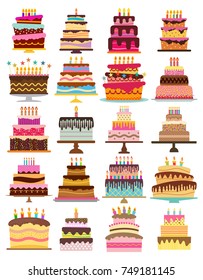 Set of twenty sweet birthday cakes with burning candles. Colorful holiday dessert. Vector celebration background.
