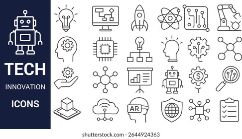 A set of twenty technology and innovation icons in a simple line art style against a white background The icons are primarily grey and depict various concepts related to technology and innovation