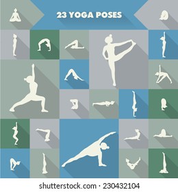 Set of twenty three yoga poses silhouettes. Girl practicing asanas.