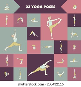 Set of twenty three yoga poses. Girl practicing asanas.