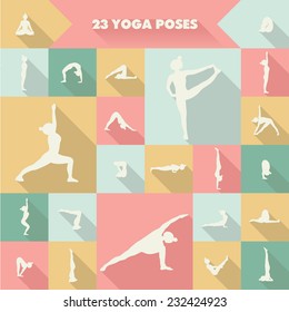 Set of twenty three yoga poses silhouettes. Girl practicing asanas. 