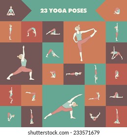 Set of twenty three yoga poses. Girl practicing asanas.