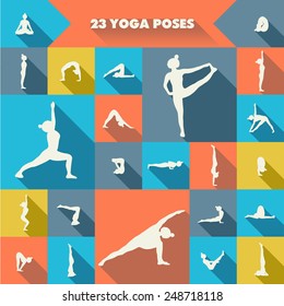 Set of twenty three yoga poses silhouettes. Girl practicing asanas. Colorful background.