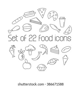 Set of twenty two line grey icons. Vector elements for restaurant or cafe website. Line art style.