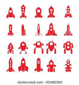 Set of twenty vector cartoon rocket silhouettes isolated.