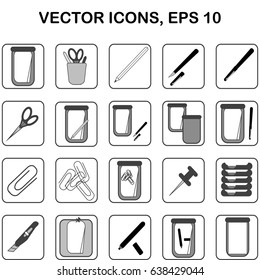 Set of twenty vector icons with school and office stationery. Tablet with paper, stationery stand, scissors, pen, pencil, marker, penknife, clip, pushpin, trays and compositions with these items.