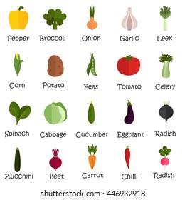 Set of twenty vegetables flat color icons