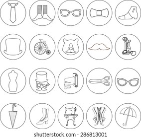 set of twenty vintage fashion, hipsters symbols and clothes and accessories, linear icons