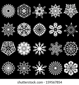Set of twenty white snowflakes silhouettes on a black background, hand drawing vector illustration, you can easily change the color of snowflakes and background on any other