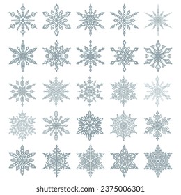 Un conjunto de veinticinco copos de nieve azules. Delicados patrones de hielo. Ornamentos de nieve en tu diseño. Un maravilloso país invernal. Atributo de Navidad y Año Nuevo.