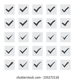 Set of twenty-five different black vector ticks or check marks  in square confirmation acceptance positive passed voting agreement true or completion of tasks on a list