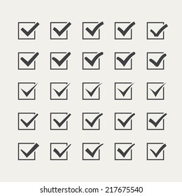 Set of twenty-five different grey vector ticks or check marks  in square confirmation acceptance positive passed voting agreement true or completion of tasks on a list