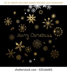 Set of twenty-five festive hand-drawn gold texture snowflakes and holiday inscription Merry Christmas. Xmas design element.