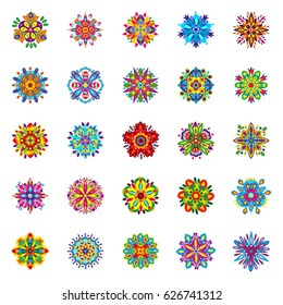 Set of twenty-five isolated symmetrical multicolored flowers consisting of geometric elements Vector illustration