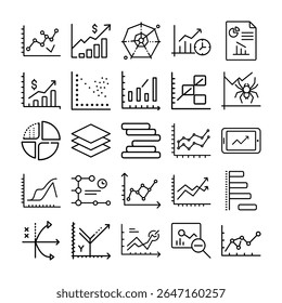 A set of twenty-five line art icons representing various types of data visualizations, including graphs, charts, and statistical analysis tools.