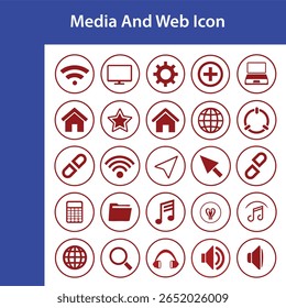 Um conjunto de vinte e cinco mídias vermelhas e ícones da Web são organizados em círculos em um fundo branco.