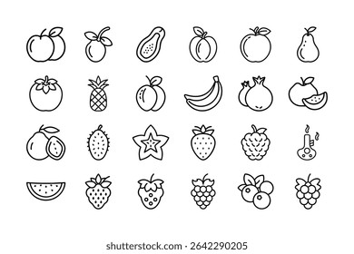 A set of twenty-four outlined icons representing different fruits and foods in a clean and simple style.