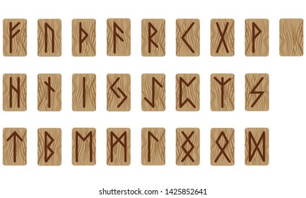 A set of twenty-four runes and one empty. Scandinavian. Imitation burning wood. Wood Cut Texture